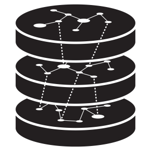 Stacktivism logo: stacked black circular layers with white network diagrams and dotted vertical connections between them, representing layered networked stacks