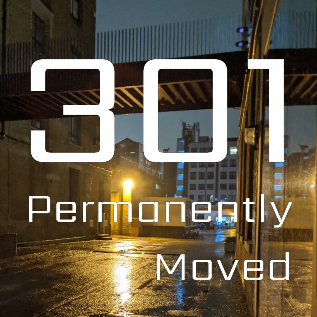 301 Permanently Moved podcast cover - episode 37 with urban street scene at dusk