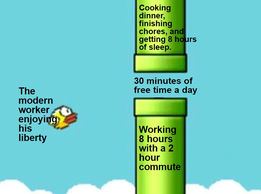 Meme showing modern worker's daily schedule: cooking dinner and chores and 8 hours sleep versus 30 minutes free time versus 8 hour workday with 2 hour commute