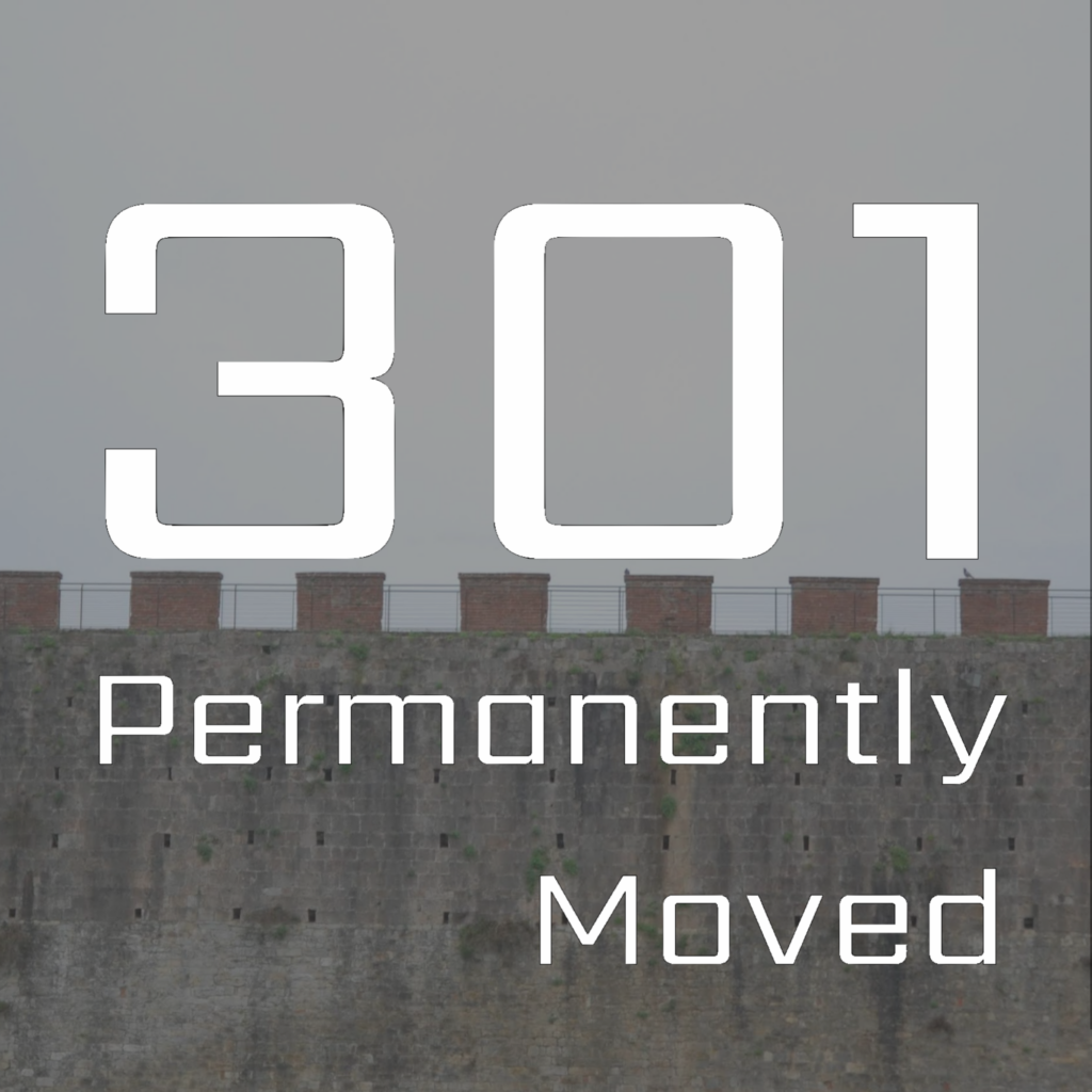 301 Permanently Moved podcast cover - white text with brick fortification wall