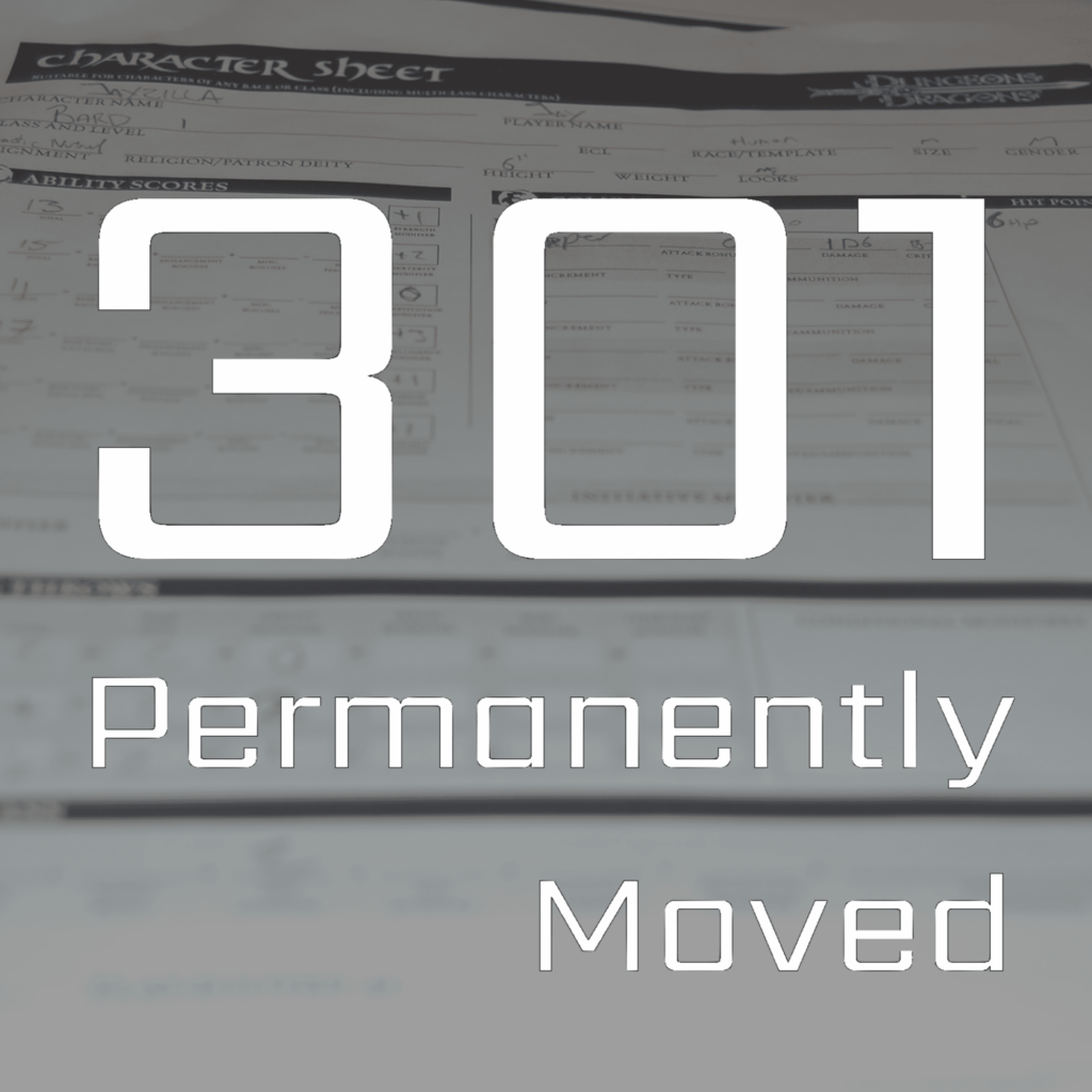 301 permanently moved podcast cover - episode 2008 Role For A Thought Leadership Check, with character sheet background