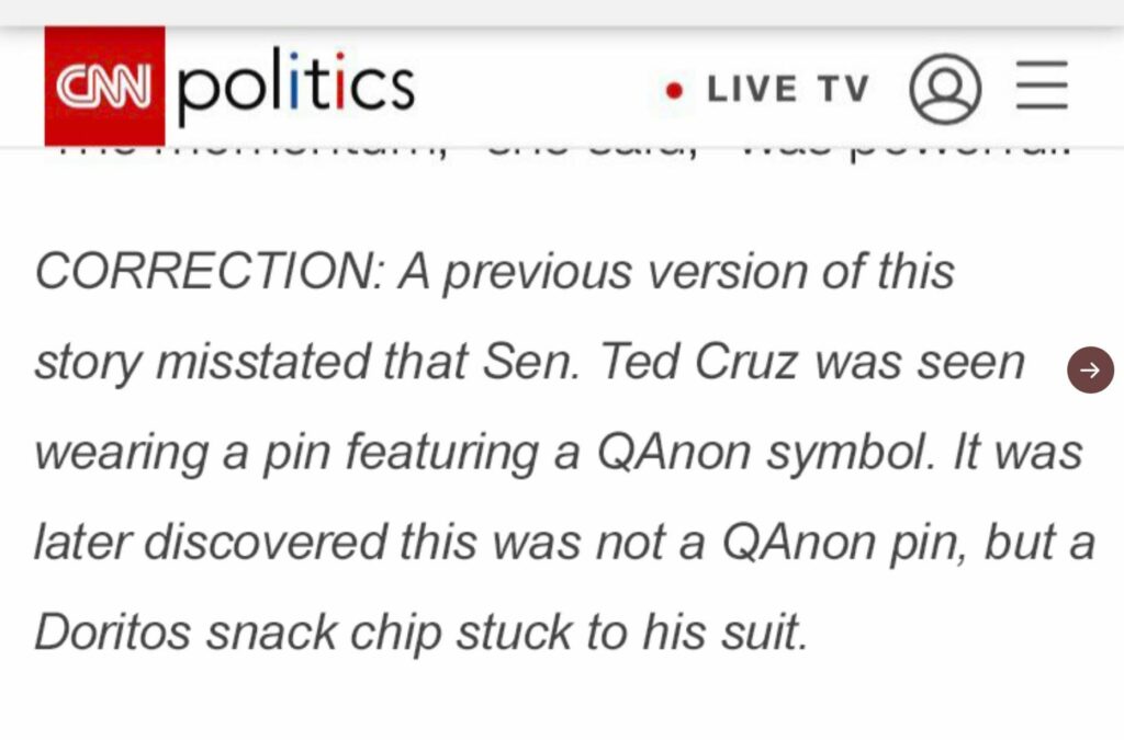 Screenshot of CNN Politics website with correction text about Ted Cruz and a Doritos chip