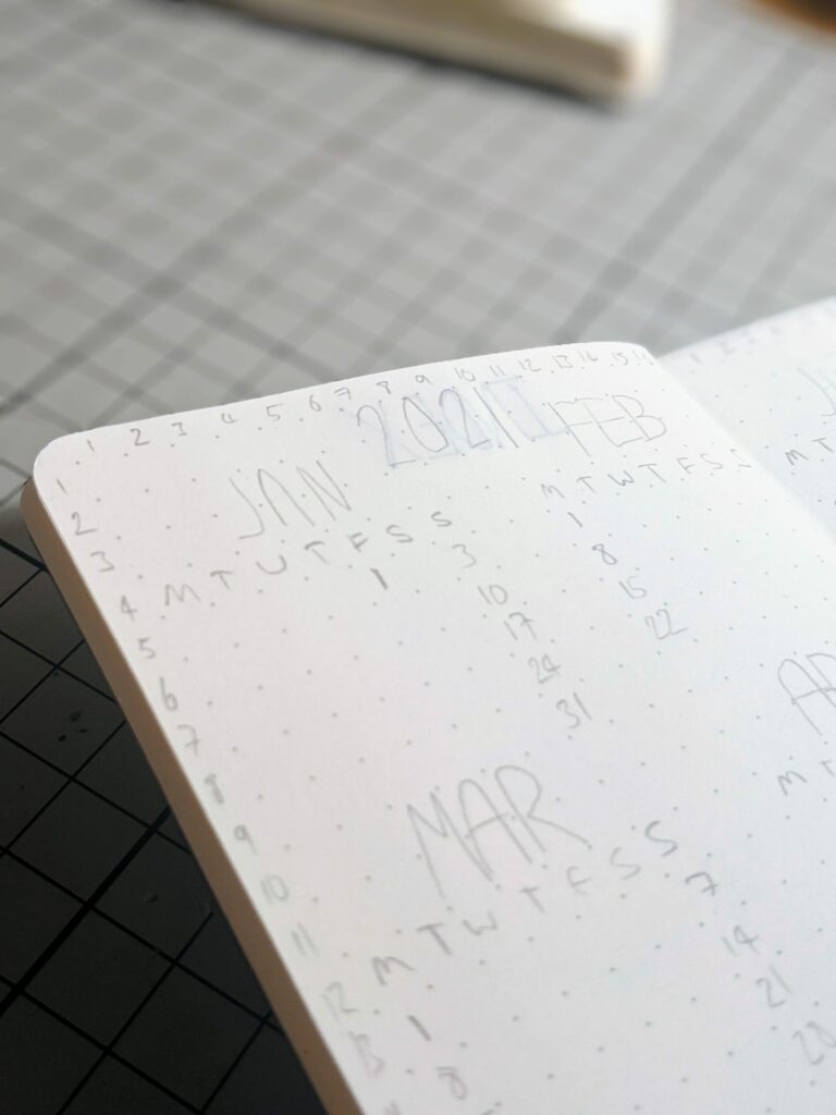 Handwritten bullet journal page with notes and cross-hatch grid pattern