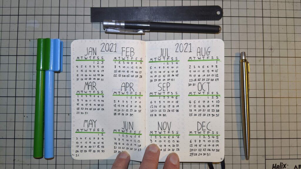 Flat lay of handwritten 2021 bullet journal calendar with green and blue pens on grid background