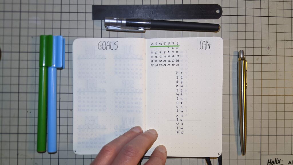 Bullet journal page with goals section, calendar, and January tracker