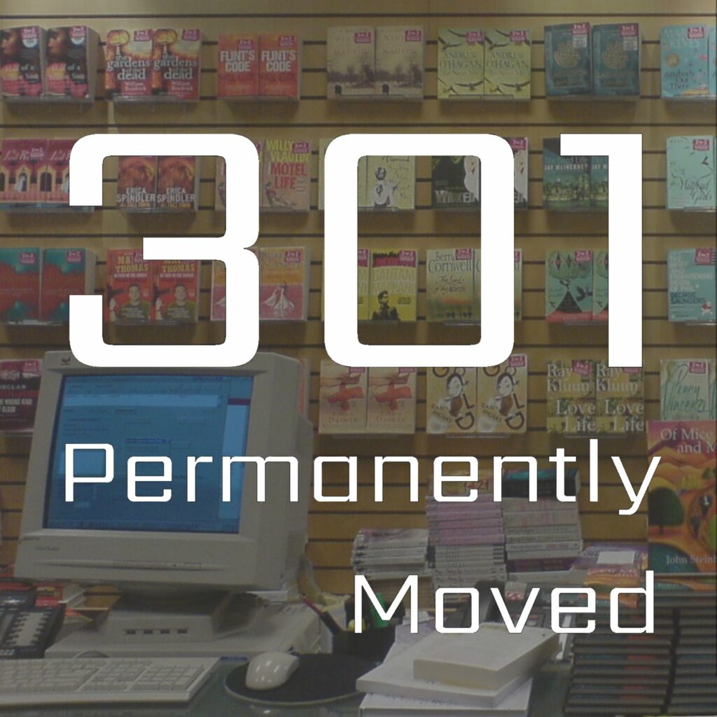 301 permanently moved podcast cover episode 2121 - Shelves of vintage vinyl records and books with retro computer