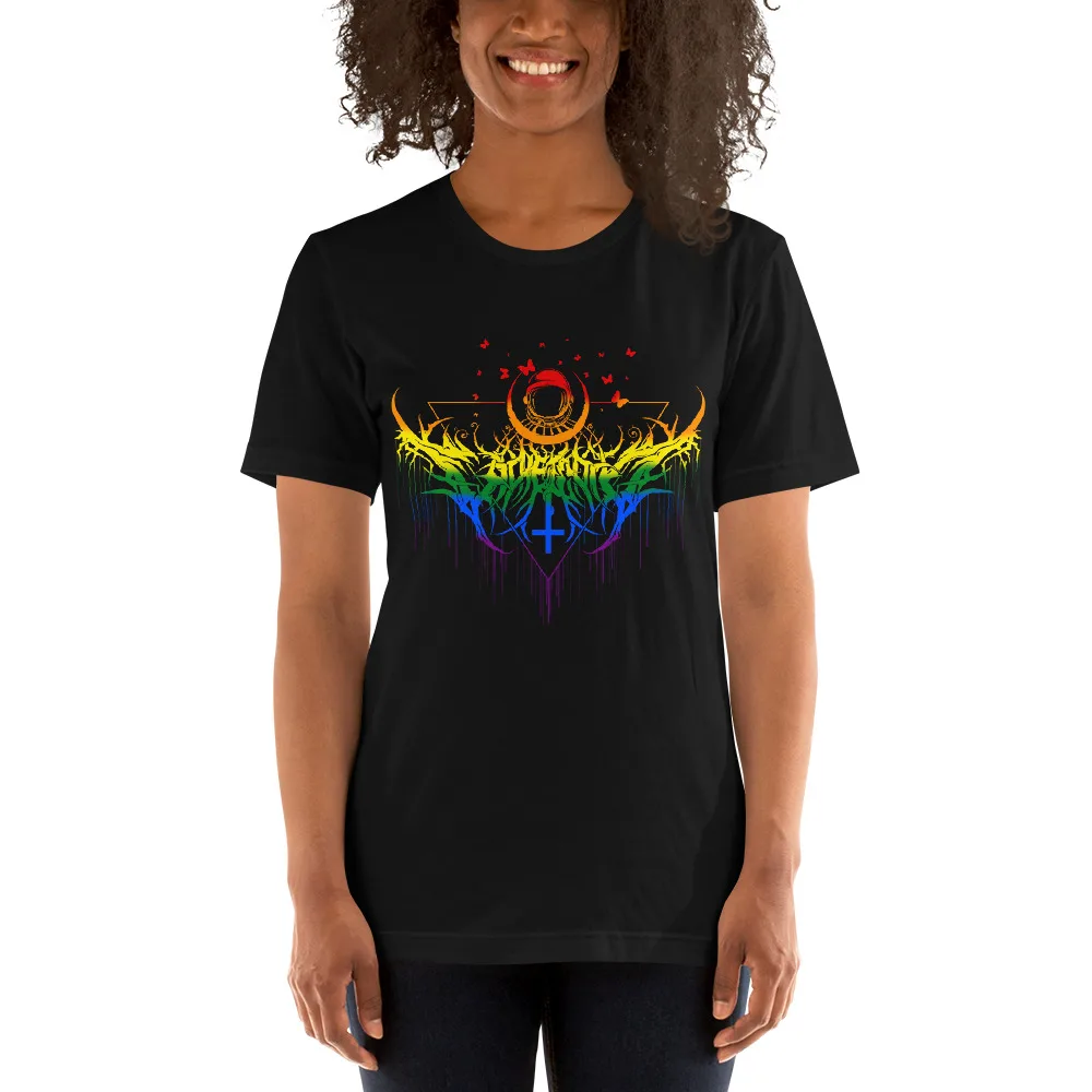 Black unisex t-shirt with colorful esoteric sun and roots design in rainbow colors