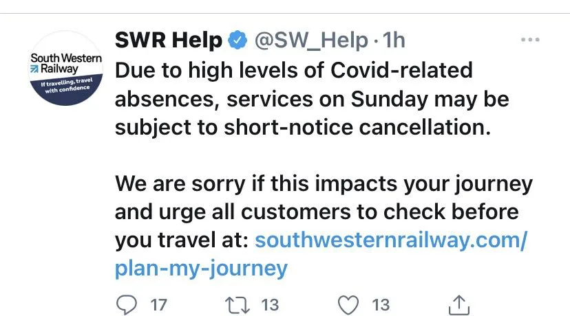 Screenshot of Twitter post from SWR Help about Covid-related train service cancellations, with South Western Railway logo