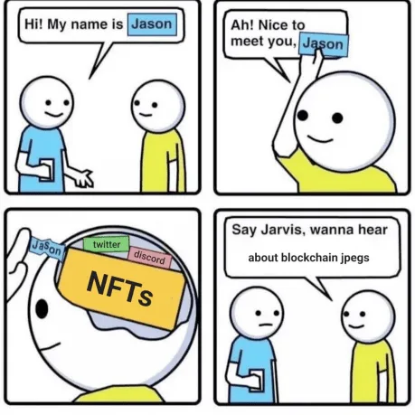 Meme comic strip with stick figures meeting Jason and discussing NFTs and blockchain