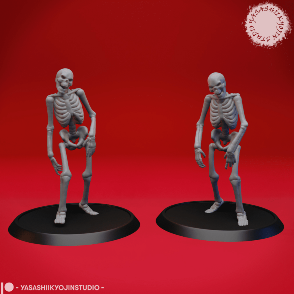 3D rendered screenshot of two skeleton figurines on black platforms against red background with YASASHIIKYOJINSTUDIO text at bottom