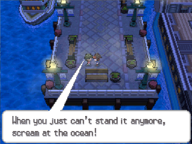 Game screenshot: top-down view with text "When you just can't stand it anymore, scream at the ocean!"
