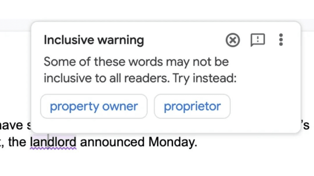 Screenshot of Grammarly inclusive warning dialog suggesting "property owner" and "proprietor" alternatives