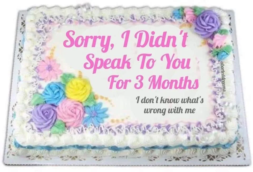 A sheet cake with colorful frosting flowers and text: Sorry, I Didn't Speak To You For 3 Months. I don't know what's wrong with me.