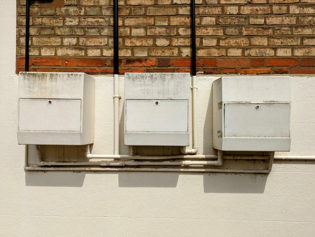 Three white utility boxes on a rendered wall below exposed brick, connected by a series of vertical black and horizontal white pipes.