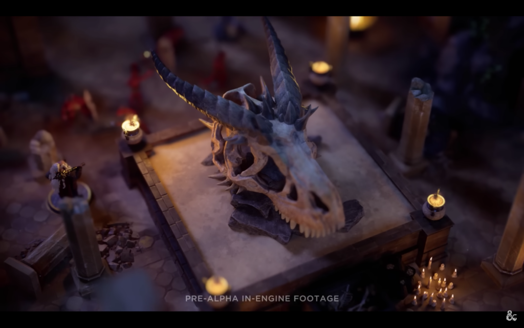 Screenshot of a Dungeons & Dragons digital tabletop interface showing pre-alpha in-engine footage of a large dragon skull on a stone pedestal.