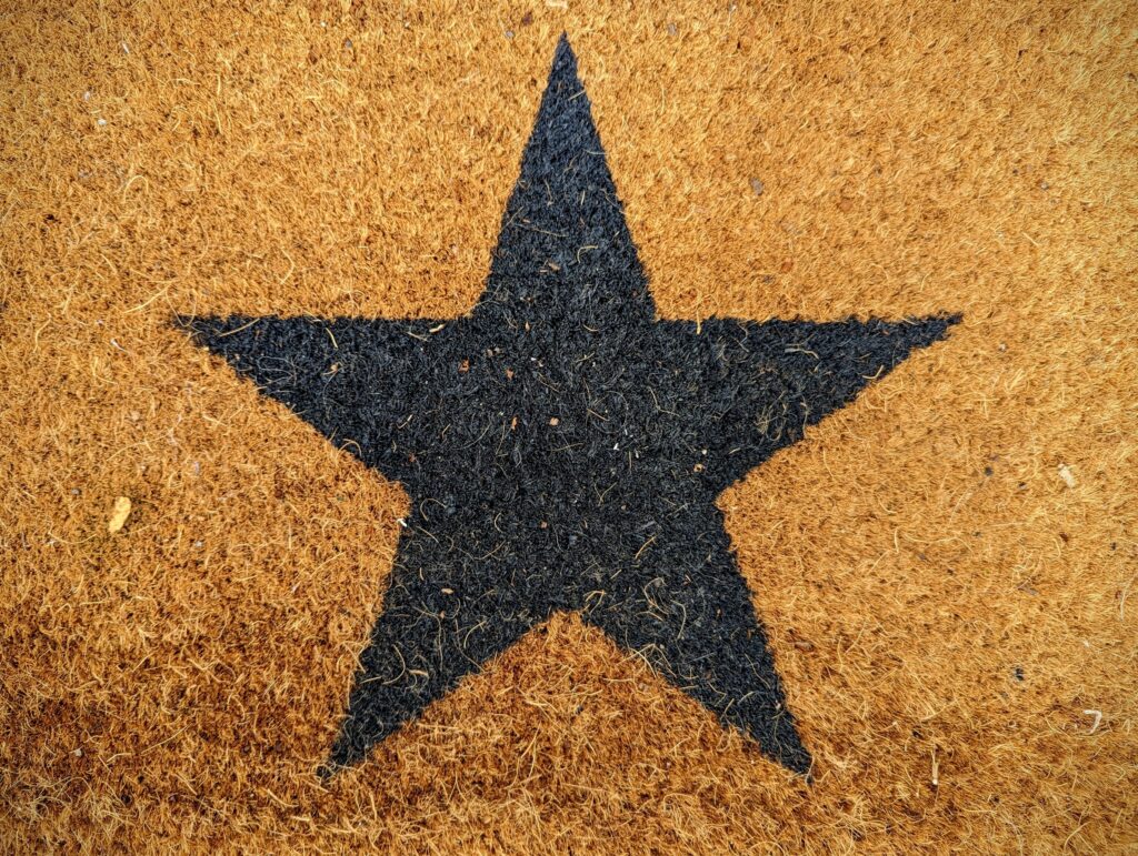 A black five-pointed star printed on a textured, brown coir doormat.