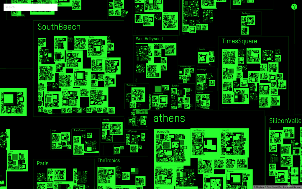 Screenshot of a digital map interface featuring neon green schematic blocks on a black background. Major areas are labeled SouthBeach, WestHollywood, TimesSquare, Athens, Paris, TheTropics, and SiliconValle. Sub-labels within Athens include acropolis, parthenon, and delphi. A search bar is located at the top left.