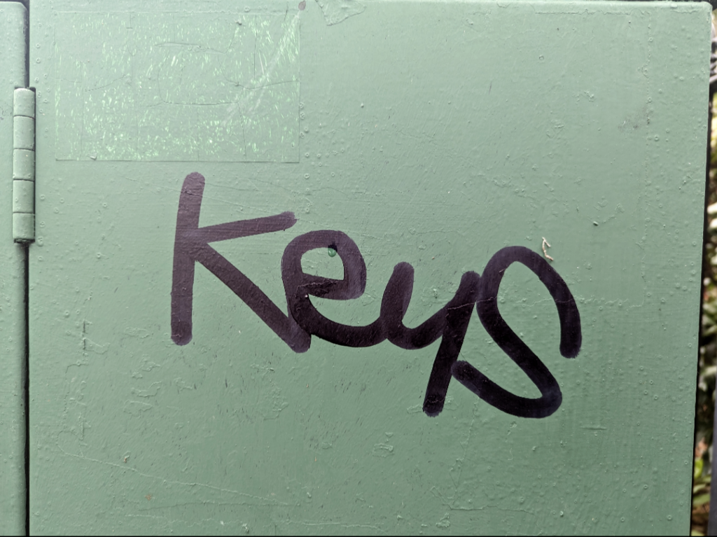 The word "keys" written in a thick black graffiti tag on a pale green metal utility box.