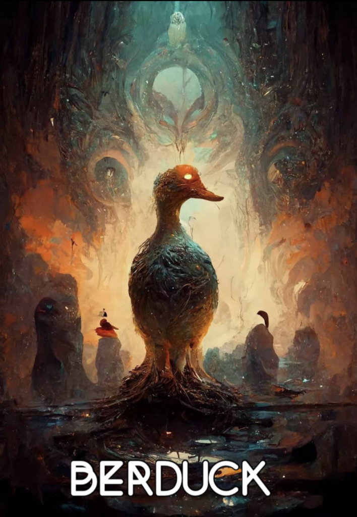 Surreal art of a large duck with glowing eyes on a root-like pedestal in a swirling orange and teal cavern. Text: BERDUCK.