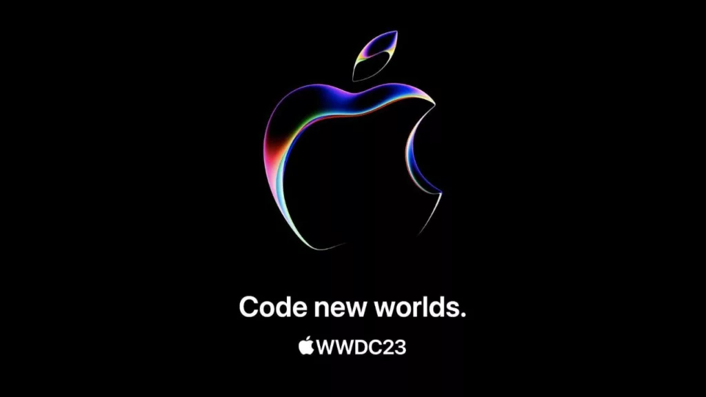 Iridescent Apple logo outline on a black background with the text Code new worlds and Apple WWDC23.