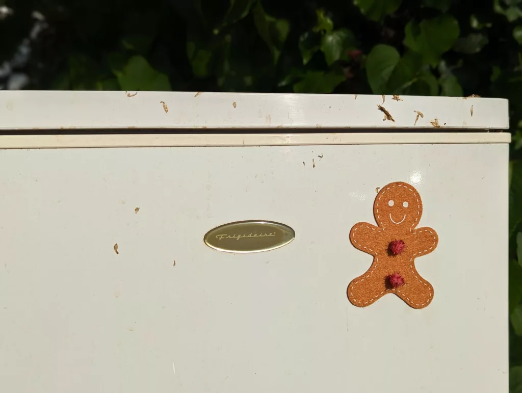 A felt gingerbread man magnet with red pom-pom buttons on a white Frigidaire chest freezer against a backdrop of green leaves.