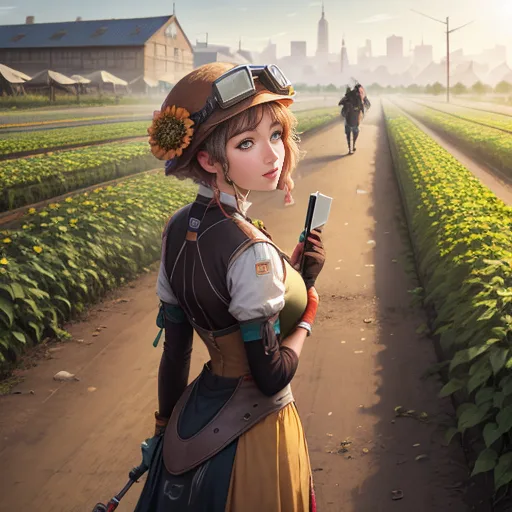 Steampunk woman in a sunflower hat and goggles stands in a field of crops, looking over her shoulder toward a misty city skyline.