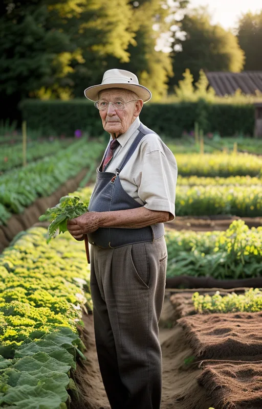 An elderly man in a hat and overalls holds leafy greens while standing between rows of plants in a sun-drenched vegetable garden.