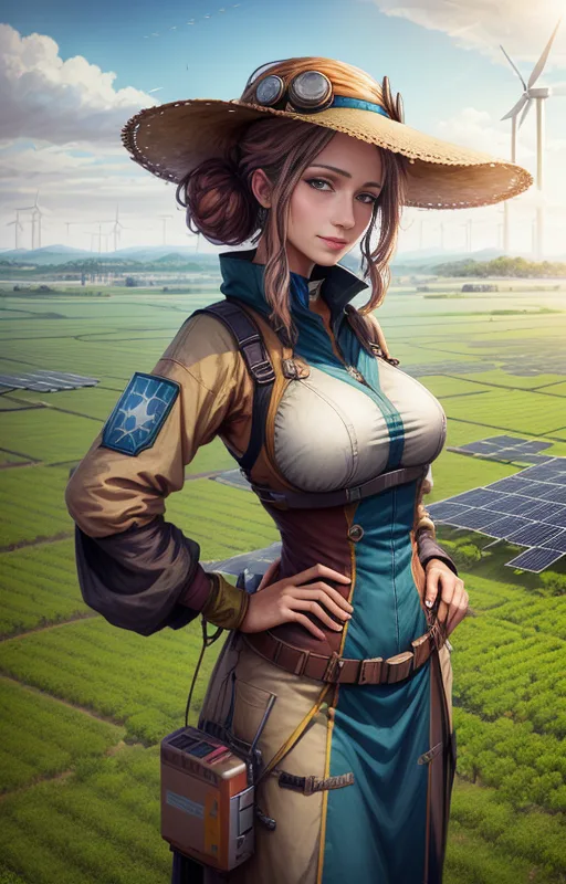 Anime-style woman in a straw hat and solarpunk attire standing in a sunlit field filled with solar panels and wind turbines.