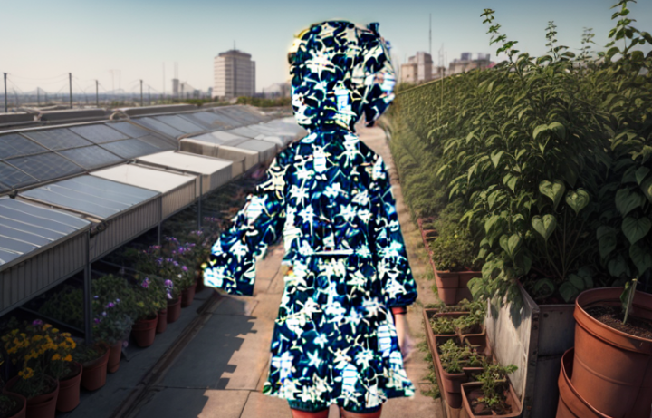 A figure in a blue and white patterned outfit stands in a rooftop garden with greenhouses and potted plants against a city skyline.