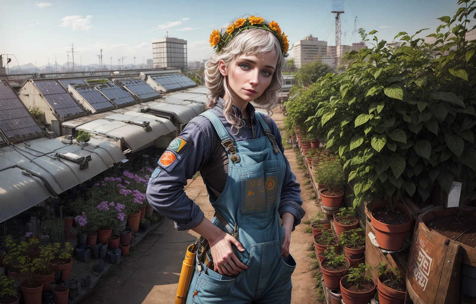 A woman with silver hair and a flower crown wears blue overalls, standing in a rooftop garden featuring solar panels and many potted plants.