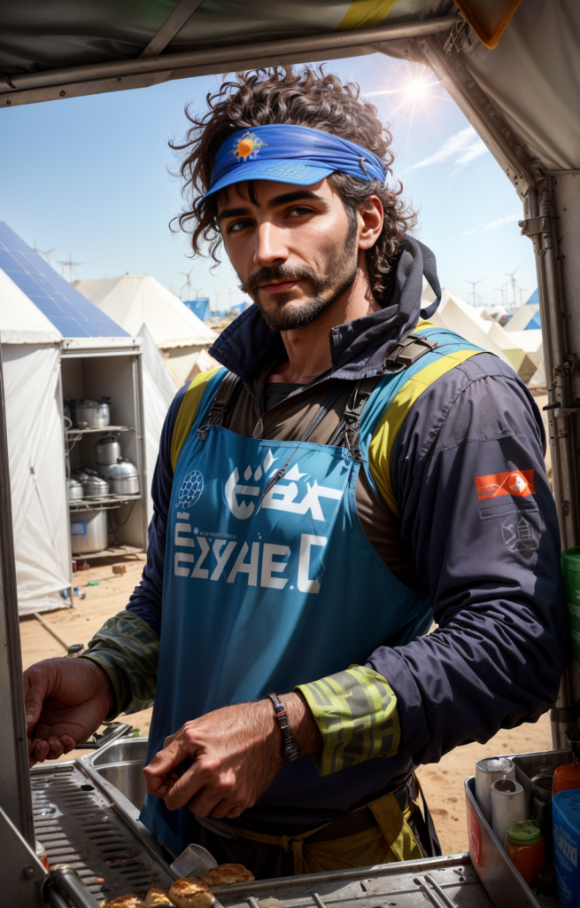A bearded man with curly hair and a blue visor cooking at a desert food stall with white tents and wind turbines in the background.