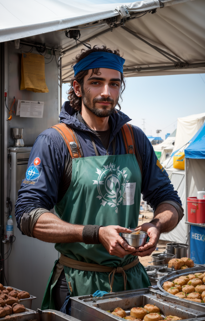 A man wearing a blue headband and a green apron holds a bowl at an outdoor food stall filled with trays of small round pastries.