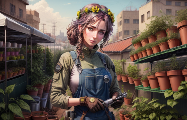 A woman with purple hair and a yellow flower crown wearing denim overalls, standing in a sunlit rooftop garden filled with potted plants.