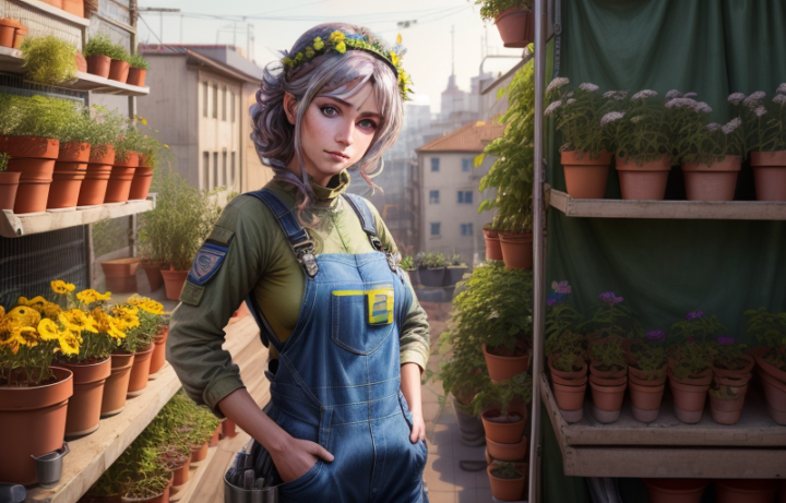 Lavender-haired woman in denim overalls and a flower crown, standing amidst potted plants in a sunny rooftop urban garden.