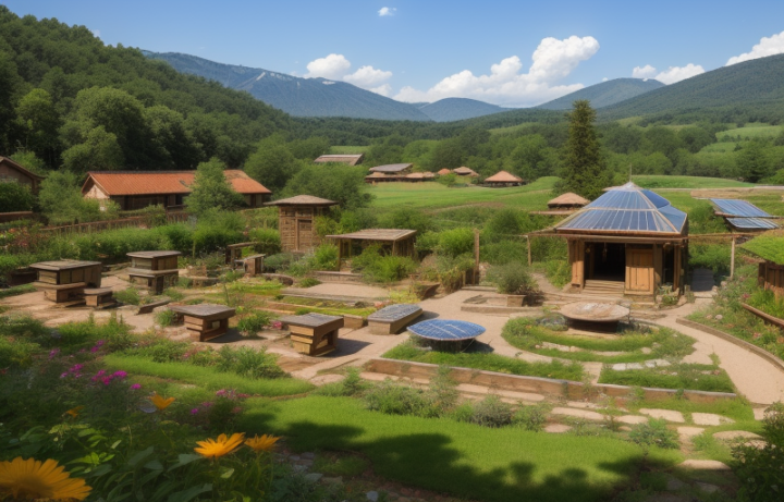 An eco-village with small wooden cabins and integrated solar panels set in a lush mountain valley under a bright sky.