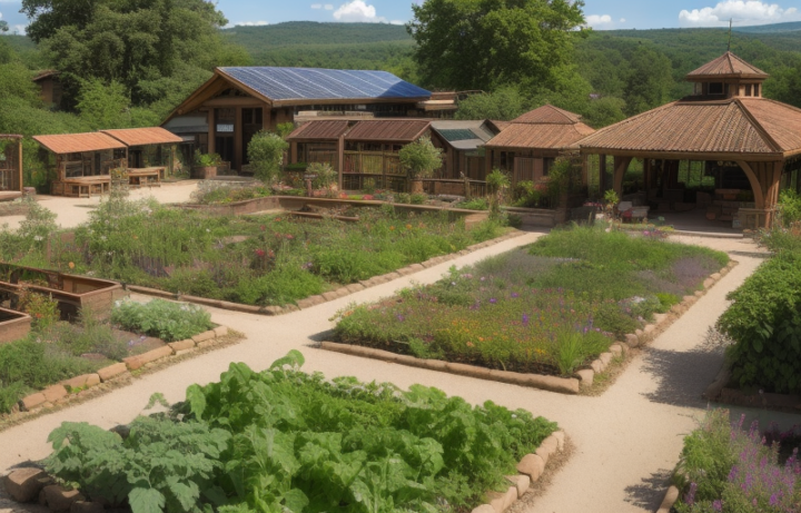 Lush garden beds and timber buildings with solar panels in an eco-village setting against rolling green hills.