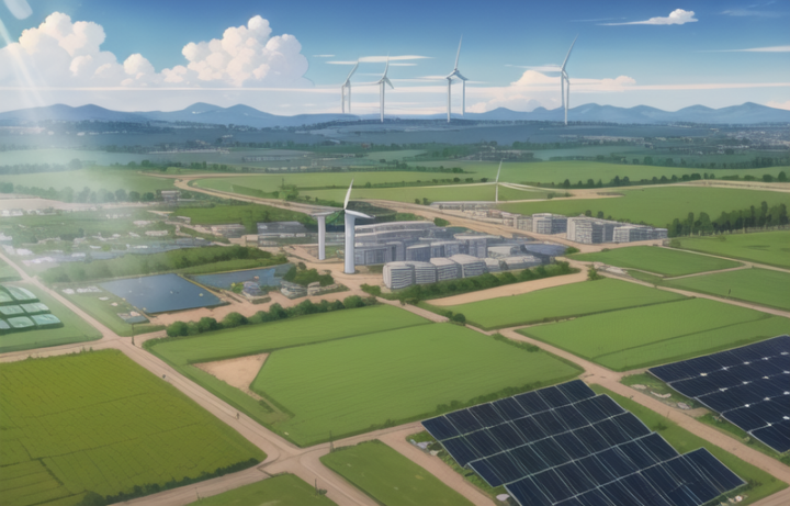 An aerial solarpunk illustration of a town with solar farms, green fields, and wind turbines.