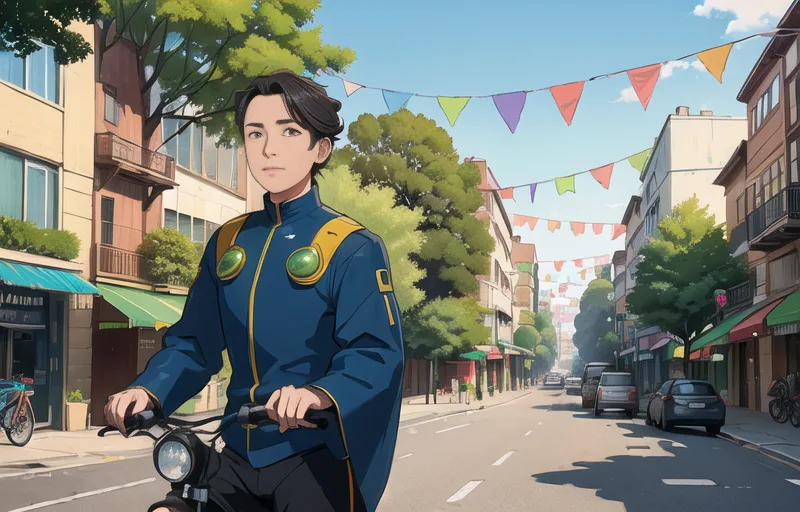 An anime-style young man in a blue jacket riding a bicycle down a sunlit street with colorful bunting.