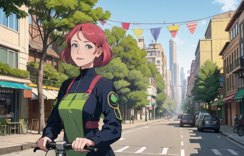 Anime-style woman with pink hair on a scooter in a city street with colourful bunting overhead and tall buildings in the distance.