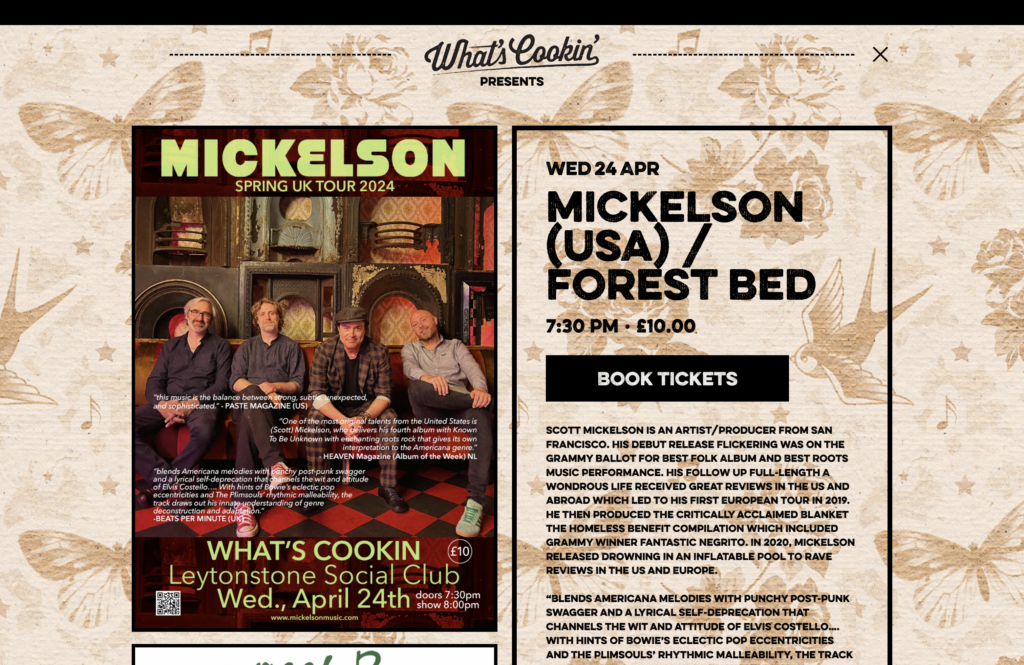 Screenshot of the What’s Cookin’ PRESENTS website showing an event for MICKELSON (USA) / FOREST BED on Wed 24 Apr, 7:30 PM, £10.00. It features a tour poster for Mickelson at Leytonstone Social Club and a Book Tickets button.