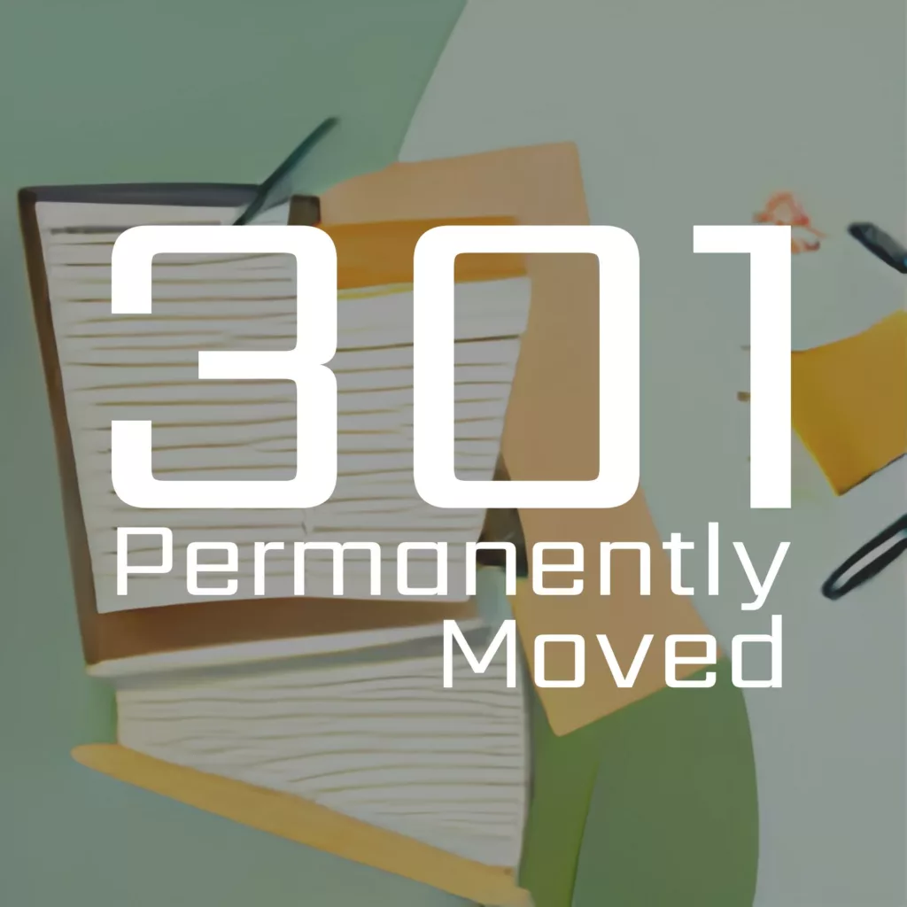 301 permanently moved podcast cover - 301 Permanently Moved. White text over an abstract graphic of books and papers.