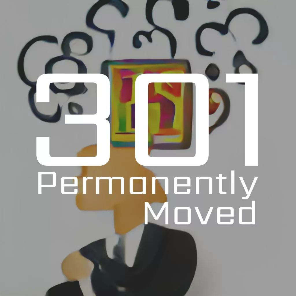 301 Permanently Moved podcast cover - Text reads "301 Permanently Moved" over a stylized illustration of a person in a suit with a colourful screen for a head and black ink-like swirls rising above it.