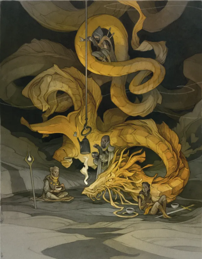 Featured image for D&D 2024 Playerās Handbook Alternate Cover - a group of fantasy adventurers share tea with a large, golden, serpentine dragon in a cavern.