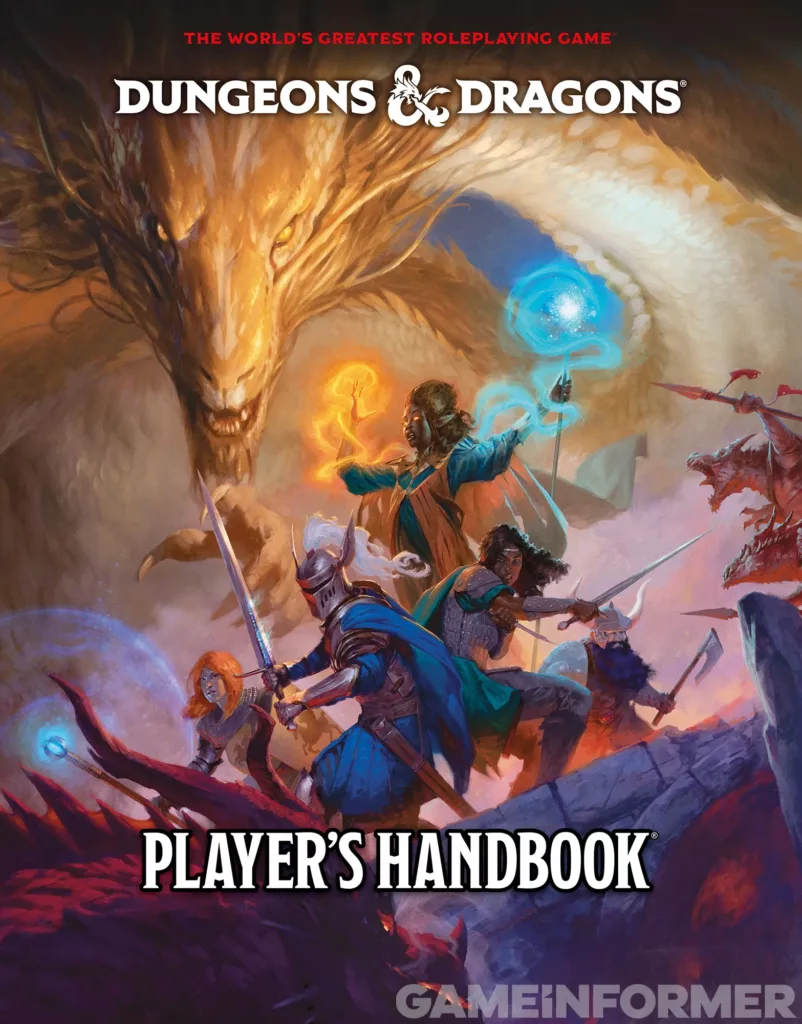 Featured image for 2024 Dungeons & Dragons Playerās Handbook - a diverse party of adventurers ready for battle beneath a giant gold dragon.
