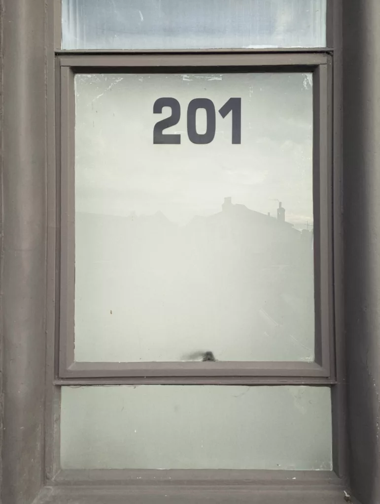 The number 201 in bold black text on a frosted window pane, reflecting the silhouette of distant buildings and rooftops.