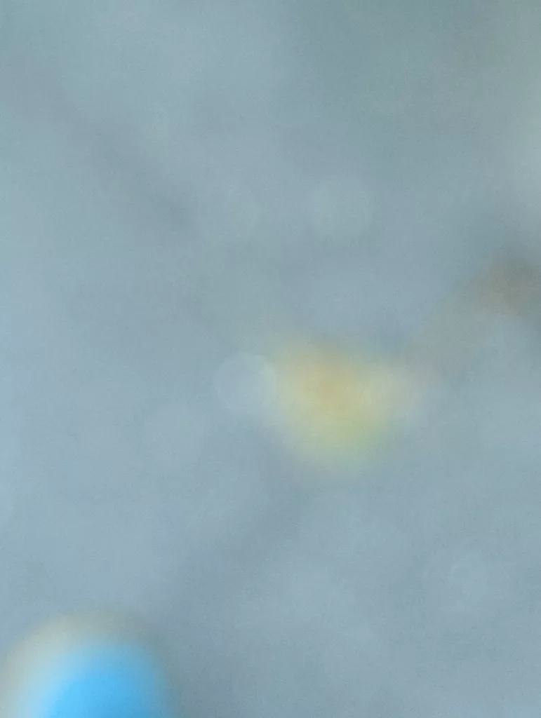 Abstract out-of-focus composition with soft bokeh circles in yellow and bright blue against a muted grey-blue background.