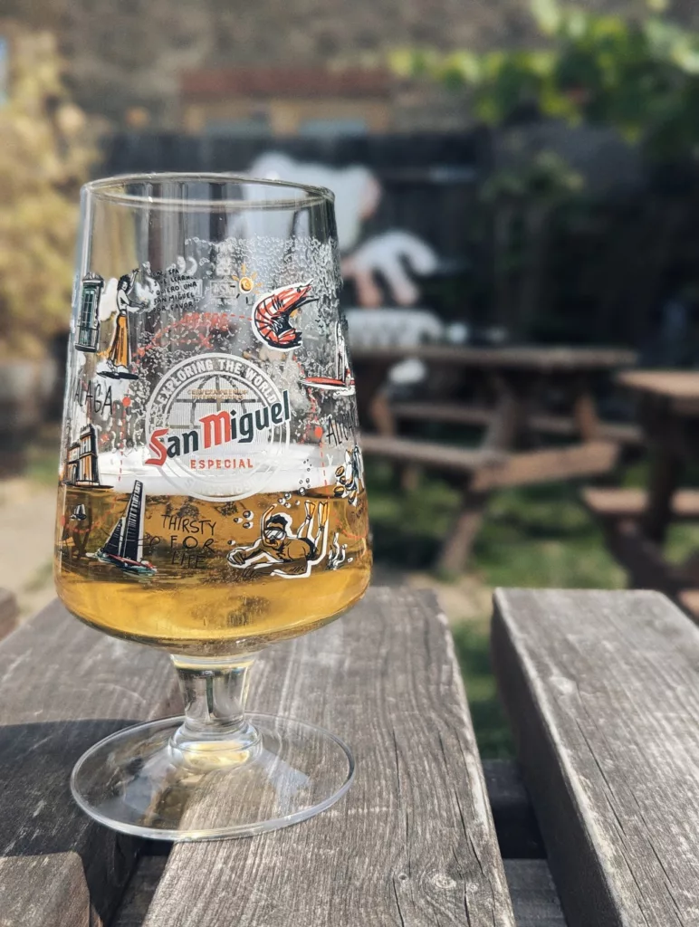 A San Miguel beer glass decorated with colourful summer illustrations, resting on a wooden picnic table in a blurred outdoor beer garden.