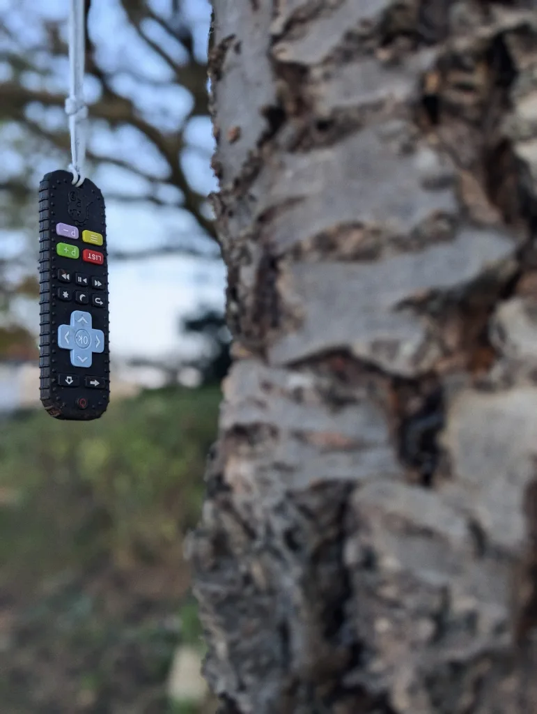 A miniature remote control with colorful buttons hangs from a string beside the textured bark of a tree trunk in an outdoor setting.