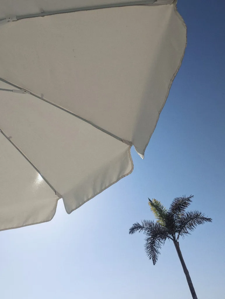 The underside of a white beach umbrella against a clear blue sky with a single palm tree in the distance.