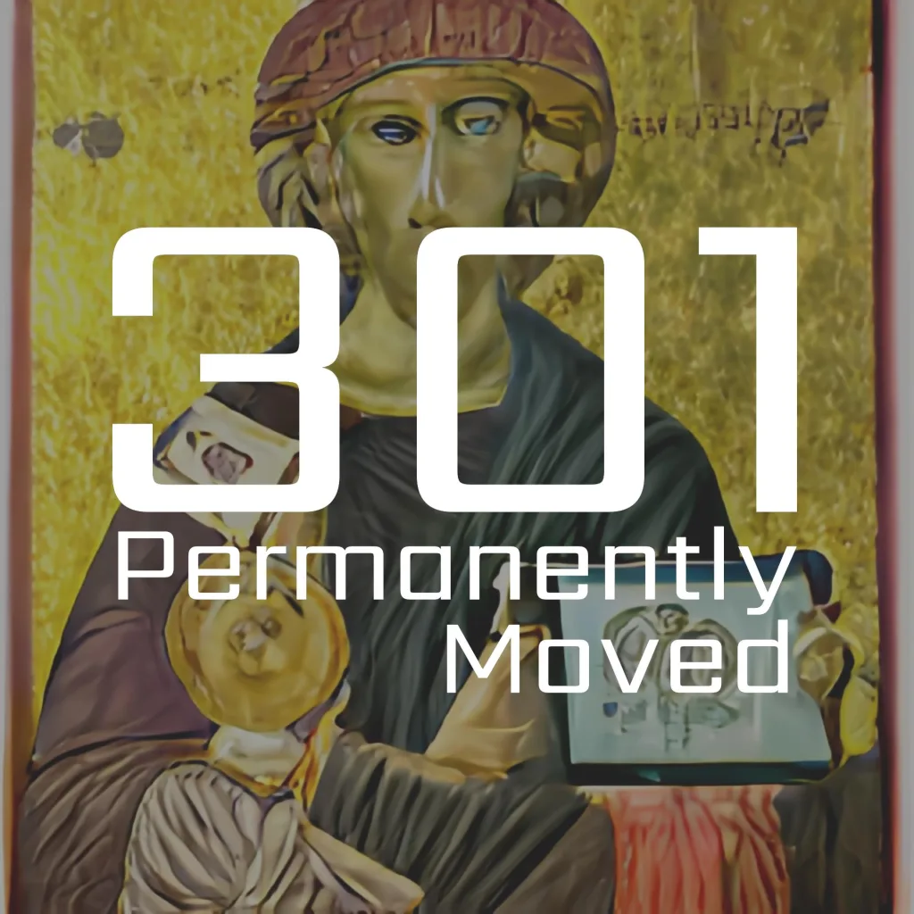 301 Permanently Moved podcast cover - The words 301 Permanently Moved in large white text over a religious icon painting of a figure against a gold background.